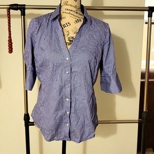 Blue and white button up half sleeve shirt. Material is 98%cotton and 2% spandex